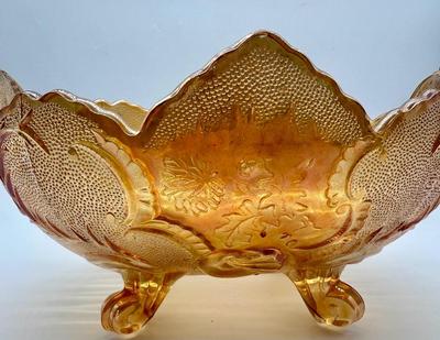 Vintage Jeanette Lombardi Marigold Carnival Glass Footed Bowl