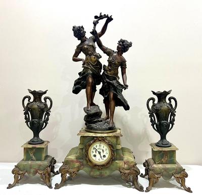 REINE DES FLEURS Par-Ruffony 19th Century Onyx Marble Mantle Clock Set