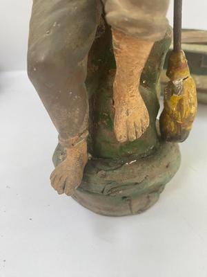 Antique carved Shipwrecked boat and fisherman figure with framed boat artwork