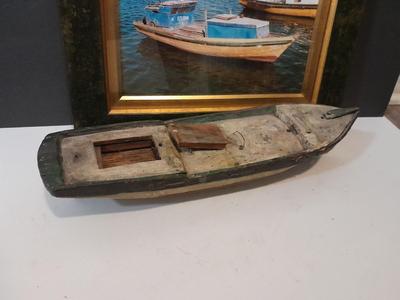 Antique carved Shipwrecked boat and fisherman figure with framed boat artwork