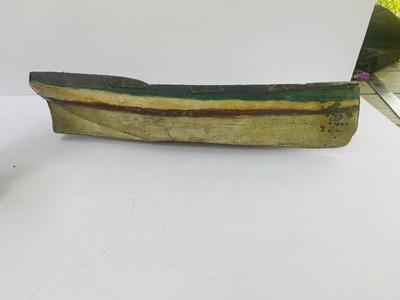 Antique carved Shipwrecked boat and fisherman figure with framed boat artwork