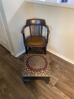 Neat Old Antique Leather Seated Captains Chair and fabric covered Ottoman