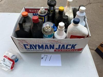Assorted steering fluid, glass cleaner, chain oil, etc