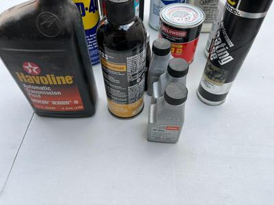 Assorted steering fluid, glass cleaner, chain oil, etc