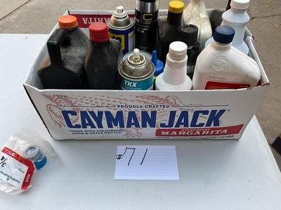 Assorted steering fluid, glass cleaner, chain oil, etc