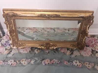 Antique Faux Gilt Framed Mirror with An original MCM Design Interior Fabric