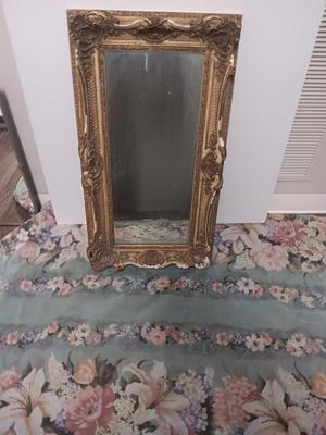 Antique Faux Gilt Framed Mirror with An original MCM Design Interior Fabric