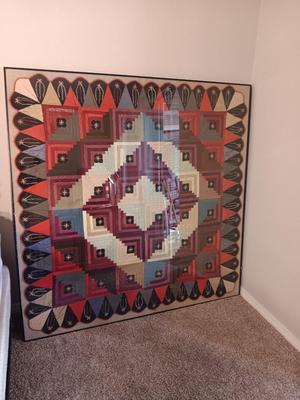 Antique - STUNNING hand sewn and embroidered Quilt in HUGE frame