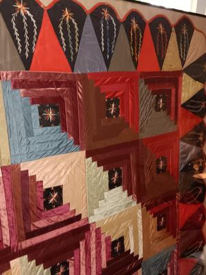 Antique - STUNNING hand sewn and embroidered Quilt in HUGE frame