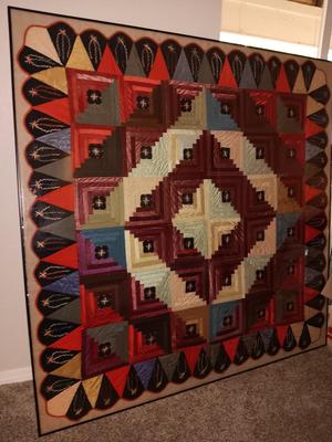 Antique - STUNNING hand sewn and embroidered Quilt in HUGE frame