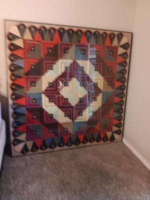 Antique - STUNNING hand sewn and embroidered Quilt in HUGE frame