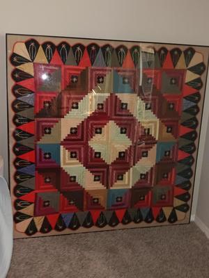 Antique - STUNNING hand sewn and embroidered Quilt in HUGE frame