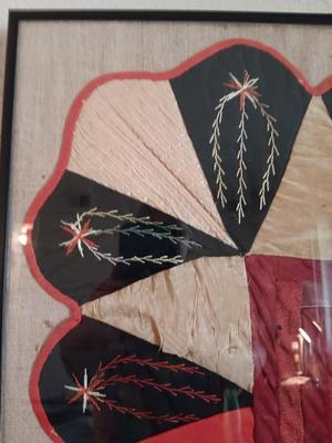 Antique - STUNNING hand sewn and embroidered Quilt in HUGE frame