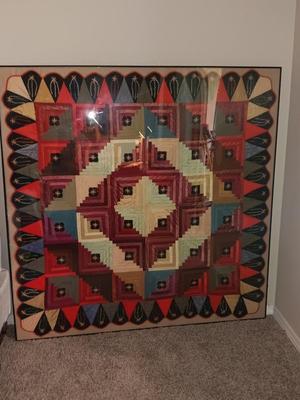 Antique - STUNNING hand sewn and embroidered Quilt in HUGE frame