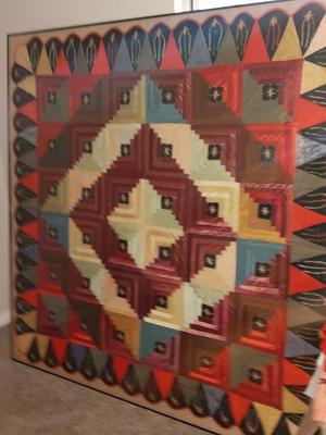 Antique - STUNNING hand sewn and embroidered Quilt in HUGE frame