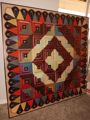 Antique - STUNNING hand sewn and embroidered Quilt in HUGE frame