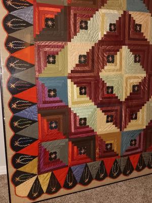 Antique - STUNNING hand sewn and embroidered Quilt in HUGE frame