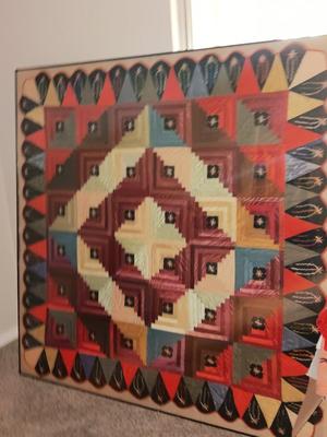 Antique - STUNNING hand sewn and embroidered Quilt in HUGE frame
