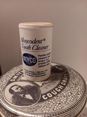 Old tins - band aid like tin with lid - Smith Bros. cough drops and vintage Moyco plastic tooth cleaner