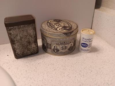 Old tins - band aid like tin with lid - Smith Bros. cough drops and vintage Moyco plastic tooth cleaner