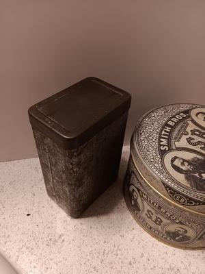Old tins - band aid like tin with lid - Smith Bros. cough drops and vintage Moyco plastic tooth cleaner