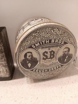 Old tins - band aid like tin with lid - Smith Bros. cough drops and vintage Moyco plastic tooth cleaner