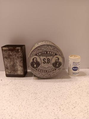 Old tins - band aid like tin with lid - Smith Bros. cough drops and vintage Moyco plastic tooth cleaner