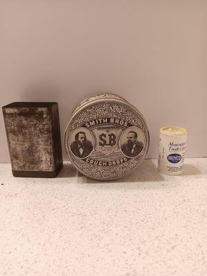 Old tins - band aid like tin with lid - Smith Bros. cough drops and vintage Moyco plastic tooth cleaner
