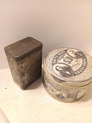 Old tins - band aid like tin with lid - Smith Bros. cough drops and vintage Moyco plastic tooth cleaner
