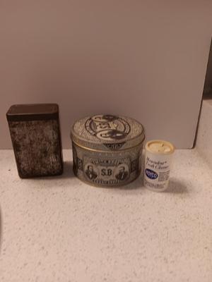 Old tins - band aid like tin with lid - Smith Bros. cough drops and vintage Moyco plastic tooth cleaner