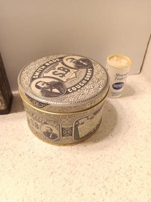 Old tins - band aid like tin with lid - Smith Bros. cough drops and vintage Moyco plastic tooth cleaner