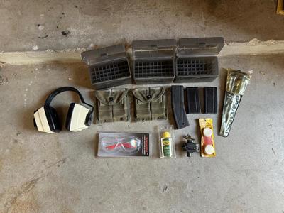 TRIGGER LOCK, GUN CLEANING MATERIAL, SAFETY GLASSES, EAR PROTECTION, MAGAZINES, MAGAZINE POUCHES AND AMMO BOXES