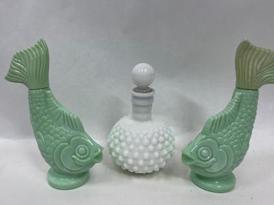 Fenton Hobnail perfume bottle and Avon Jadeite Koi Fish Bottles