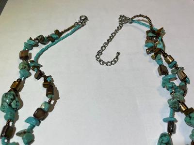 Vintage Preowned Double Strand Turquoise w/Some Tiger's Eye Bead Fashion Adjustable Necklace 18-22" in Good Preowned Condition.