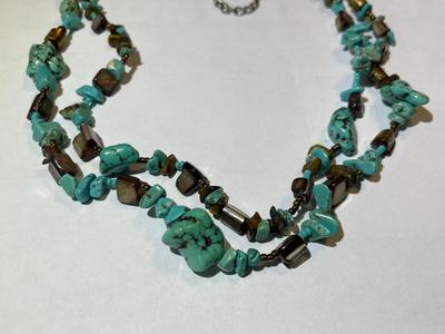 Vintage Preowned Double Strand Turquoise w/Some Tiger's Eye Bead Fashion Adjustable Necklace 18-22" in Good Preowned Condition.