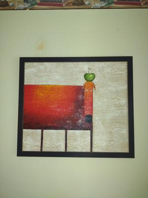 Dog with Apple Design Painting on Canvas with Coconut Fiber Finish- Croatian Artist- Approx 28 1/4" x 24 1/4"