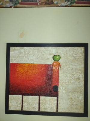 Dog with Apple Design Painting on Canvas with Coconut Fiber Finish- Croatian Artist- Approx 28 1/4" x 24 1/4"