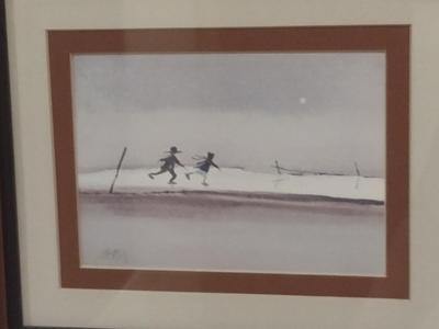 Pair of Framed Children Playing/Winter Scene Paintings