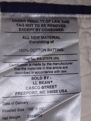 LL Bean Quilted King Size Coverlet- Approx 105" x 95"
