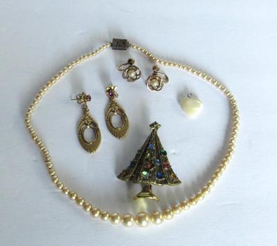 Vintage Jewelry, Hollycraft Tree Pin, GF Earrings, Faux Pearls, More