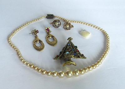 Vintage Jewelry, Hollycraft Tree Pin, GF Earrings, Faux Pearls, More