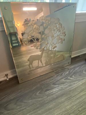 Antique 1920s = 1930s Art Nouveau Deco Etched 18" Square Wall Mirror W Tree & Deer
