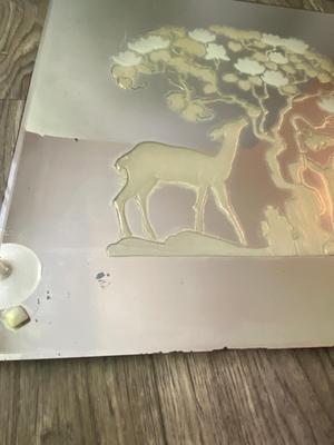Antique 1920s = 1930s Art Nouveau Deco Etched 18" Square Wall Mirror W Tree & Deer