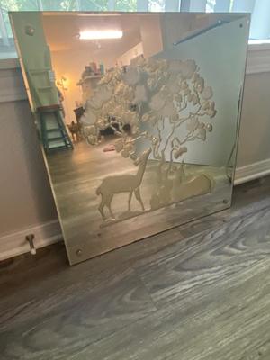 Antique 1920s = 1930s Art Nouveau Deco Etched 18" Square Wall Mirror W Tree & Deer