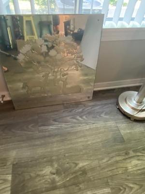 Antique 1920s = 1930s Art Nouveau Deco Etched 18" Square Wall Mirror W Tree & Deer