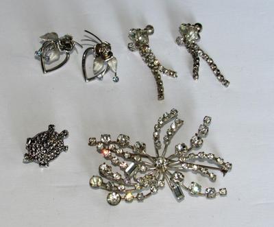Rhinestone Earrings and Brooch, Turtle Pin