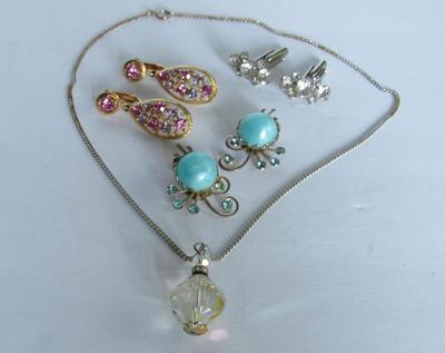 Glass Necklace, Rhinestone Earrings, Cufflinks