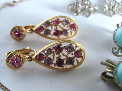 Glass Necklace, Rhinestone Earrings, Cufflinks