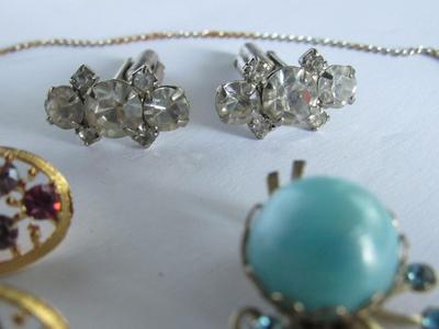 Glass Necklace, Rhinestone Earrings, Cufflinks