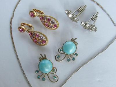 Glass Necklace, Rhinestone Earrings, Cufflinks